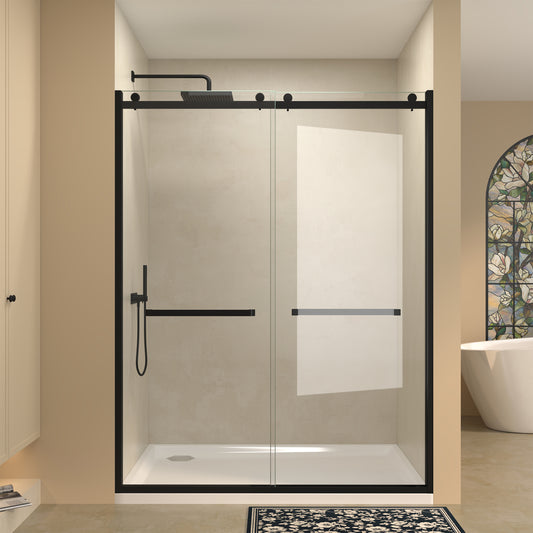Semi-frameless Double Sliding Glass Shower Doors, 60" Width x 76"Height with 3/8"(10mm) Clear Tempered Glass, Matt Black