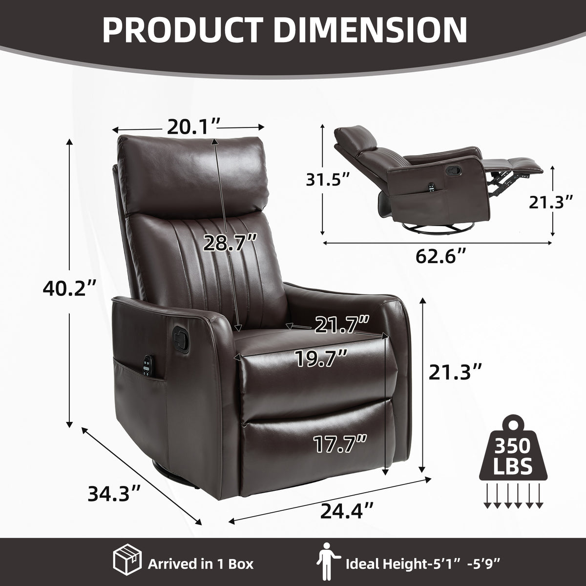 Brown Faux Leather Heat Massage Manual Recliner Chair with Rocker and Swivel for Living Room
