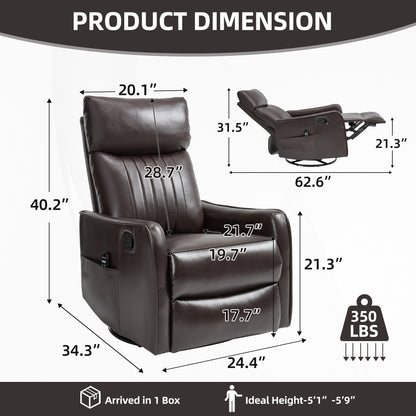 Brown Faux Leather Heat Massage Manual Recliner Chair with Rocker and Swivel for Living Room