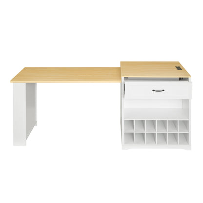 U_STYLE Extendable Counter Table with Wheels,Bar Table with Built-in Power Outlet,Farmhouse Wine Cabinet with Double-Sided Drawers,Suitable for Kitchen & Home Bar (Chairs Not Included)