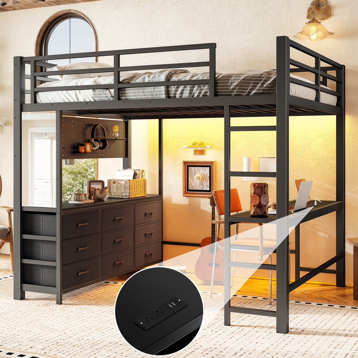 Full Size Loft Bed with Desk, Loft Bed with Drawers, Loft Bed with Led Light and USB, Sturdy Loft bed Frame, Loft Bed with Mirror, Multi-Functional High Loft Bed for Teens Adults.Black