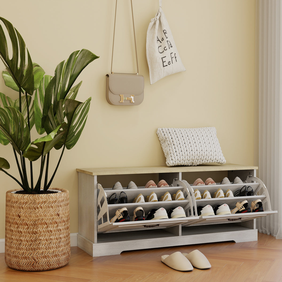 Shoe Storage Bench with 2 Flip Drawers and Adjustable Shelf, Bedroom-Antique White
