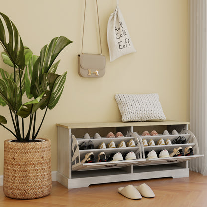 Shoe Storage Bench with 2 Flip Drawers and Adjustable Shelf, Bedroom-Antique White