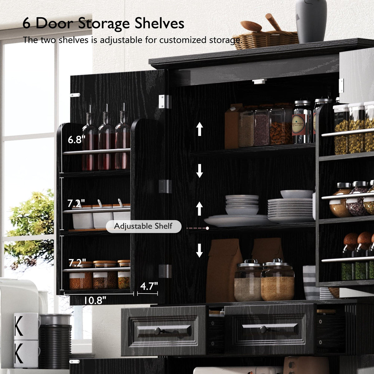K&K 71" Tall Kitchen Pantry Cabinet with 3 Pull Out Cabinet Organizers, Farmhouse Embossed Texture Storage Cabinet with 6 Door Shelves – Black