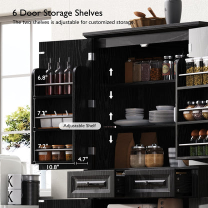 K&K 71" Tall Kitchen Pantry Cabinet with 3 Pull Out Cabinet Organizers, Farmhouse Embossed Texture Storage Cabinet with 6 Door Shelves – Black