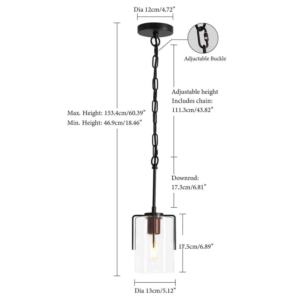 Modern Farmhouse Industrial Pendant Light with Clear Glass Shade, Adjustable Metal Pendant Lighting for Kitchen Island Dining Room Entryway