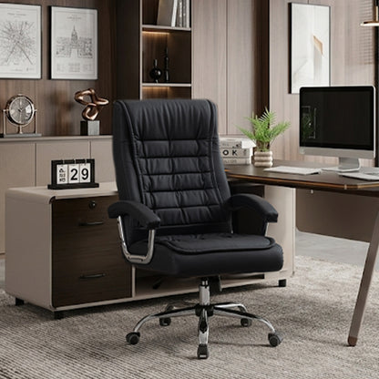 Executive Office Chair High Back PU Leather Desk Chair with Spring Seat Cushion, Ergonomic Swivel Computer Chair with Chrome Armrests – Black