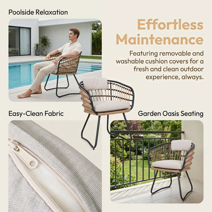 Beige PE Rattan Dining Chairs Set of 2 with Cushions, Outdoor Wicker Armchairs for Garden, Lawn, Poolside, Backyard, Porch