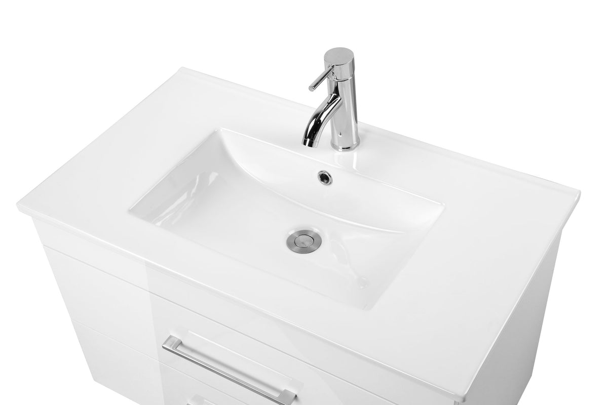 32-Inch White Gloss Wall-Mounted Bathroom Vanity with Double Drawers, Soft-Close System,Ceramic Sink, Create a Modern and Minimalist Bathroom Space!