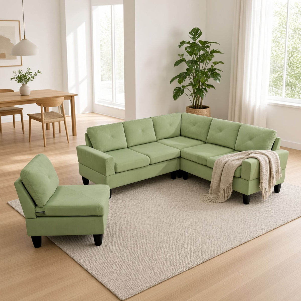 95.5 x 75 Inches Width Apple Green Modular L-Shaped Sectional Sofa 6-Seater 4-Piece Massa Flannel  Fabric Couch with Chaise
