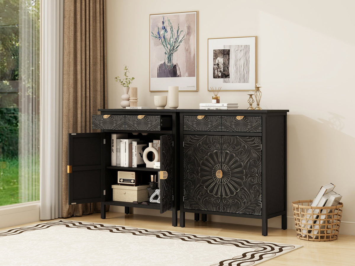 Hand-Carved Accent Cabinet, Black Wooden Storage Cabinet with Drawer & Doors, Floral Embossed Sideboard with Gold Handles for Entryway, Living Room, 14.97"x31.5"x36.82"
