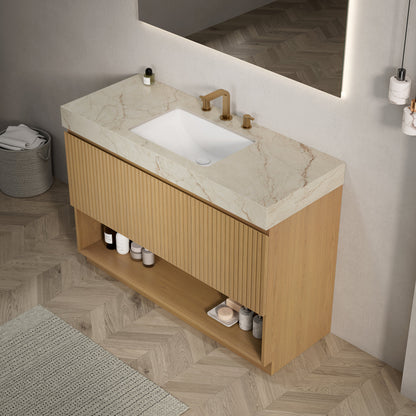FINO 48" Bathroom Vanity&Sink,Freestanding Cabinet,Cream Gold Vein Sintered Stone Top&Ceramic Basin with 3 Pre-drilled Faucet Holes, Disassembled, Faucet & Drain Excluded, Corolla Oak Woodgrain Color