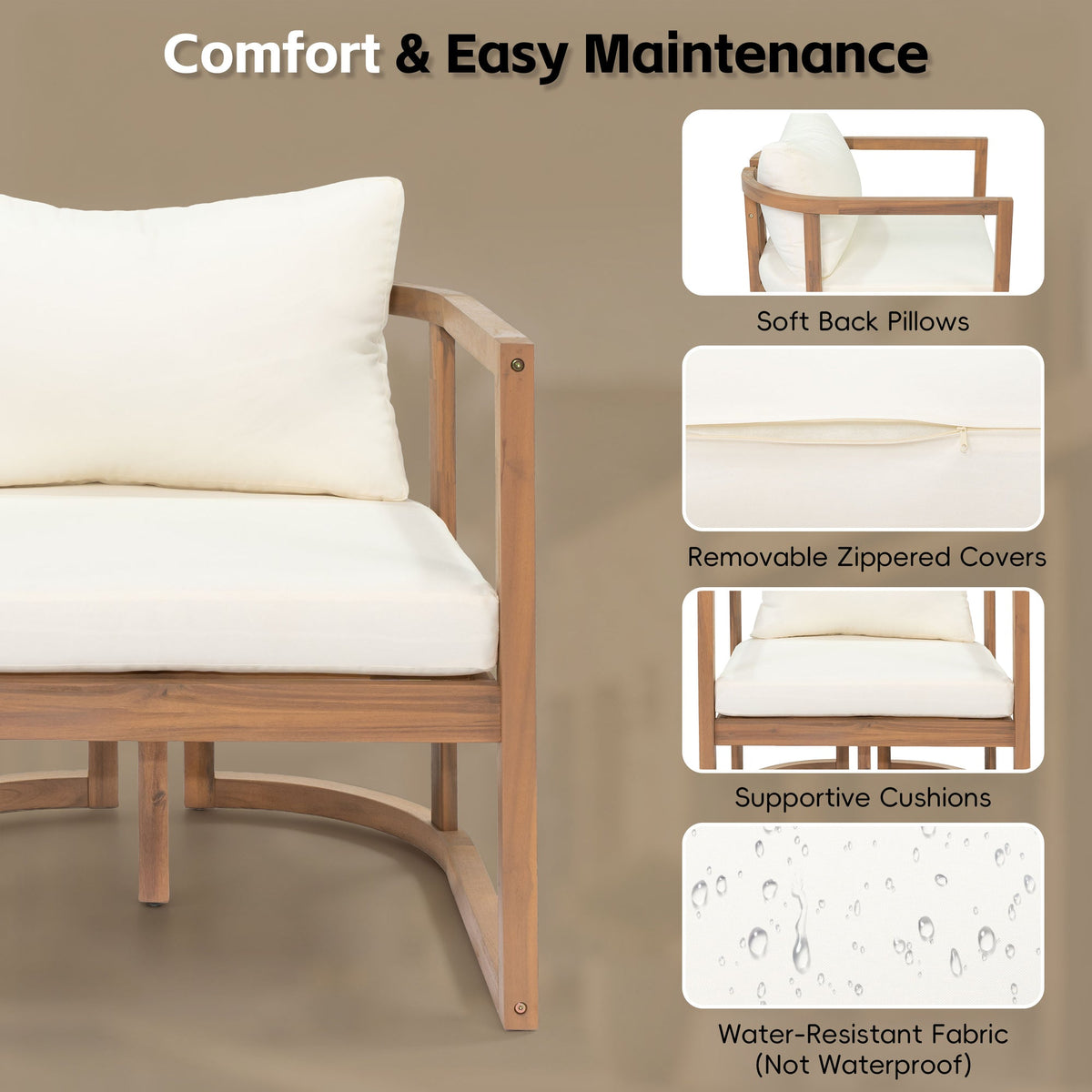 TOPMAX 4-Piece Modern Acacia Wood Sofa Set, Free Combination with a 3-Seater Sofa, 2 Armchairs and a Coffee Table, 4.7" Thick Seat Cushions,  Indoor&Outdoor Use, Light Teak+Beige Cushion