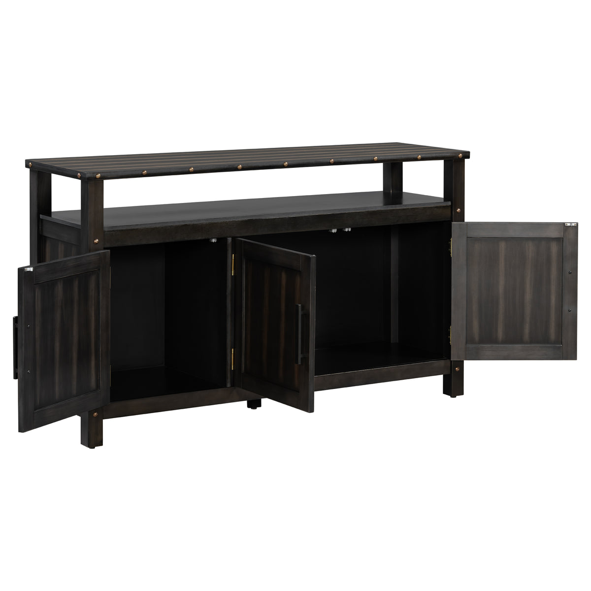 U_STYLED 55.1''Pine Wood Buffet Cabinet With 3-door Storage, Sideboard Cabinet with Dual Storage areas,Coffee Bar With Metal Handles And Exposed Metal Rivets For Dining Room, Kitchen, Living Room