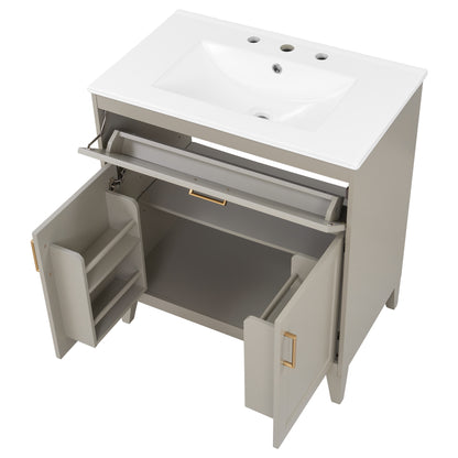 [Video] 30" Bathroom Vanity with Ceramic Sink Top, Solid Wood Legs, Soft-Close Double Doors & Tip-Out Drawer, Adjustable Interior Shelf, Door-mounted Organizers, Beige