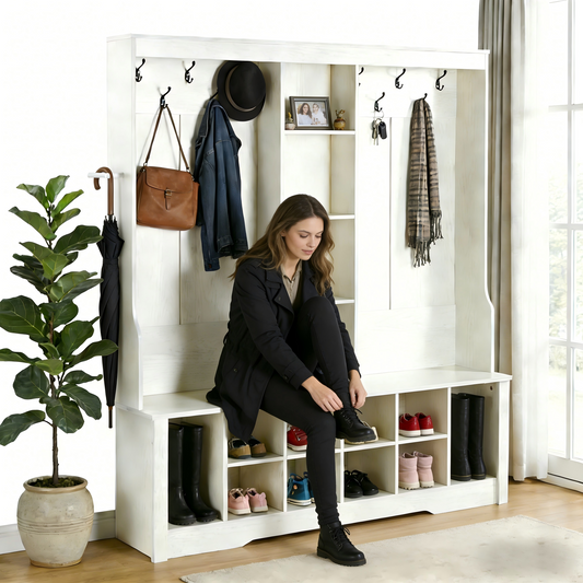 Itaar Hall Tree with Bench and Shoe Storage, 3-in-1Entryway Bench with Coat Rack, Hall Tree  Shoe Storage and Hanging Hooks, White