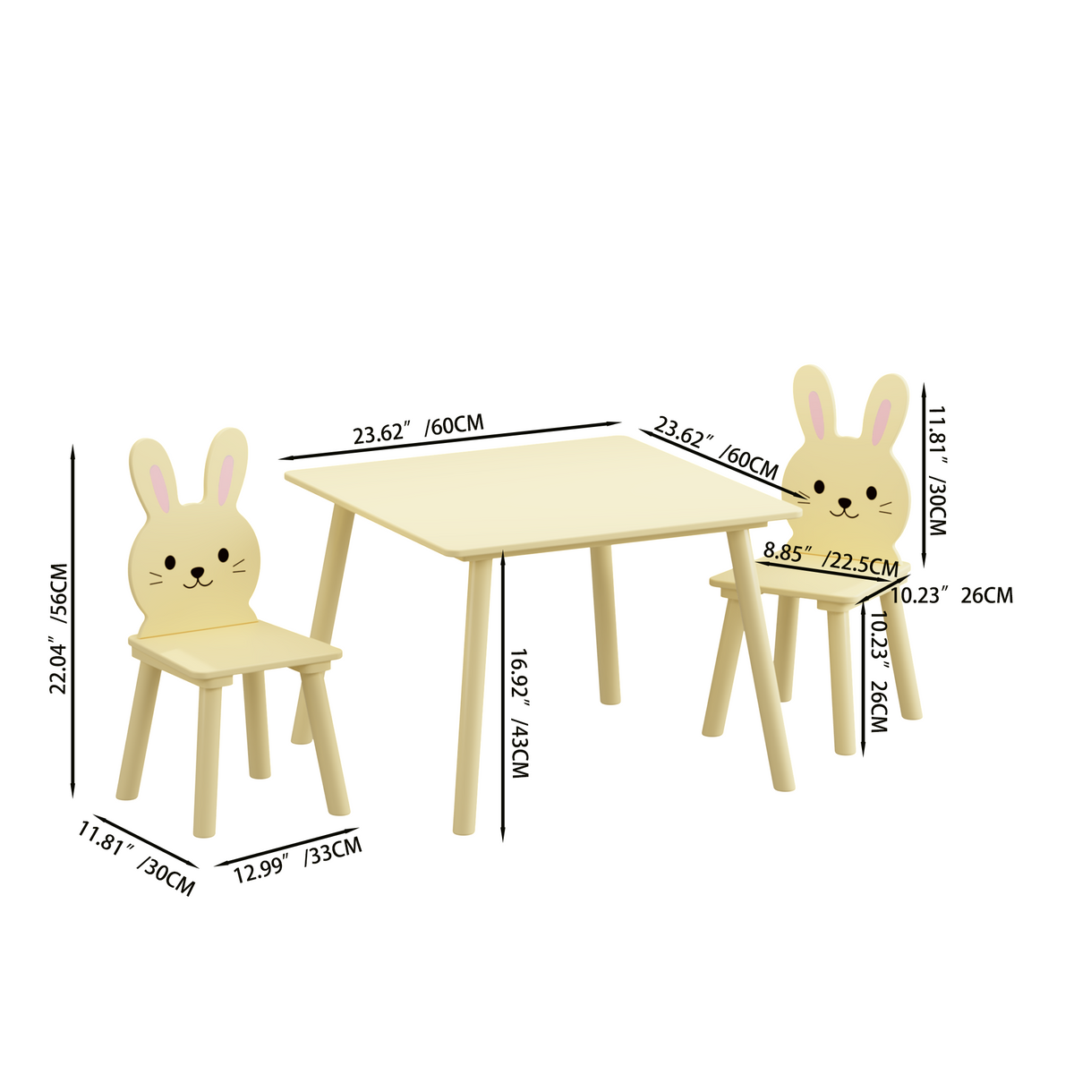 Kids Table and Chair Set with 2 Bunny Chairs, Children's Wooden Activity Table for Toddlers, Cute Animal Design Study Play Set
