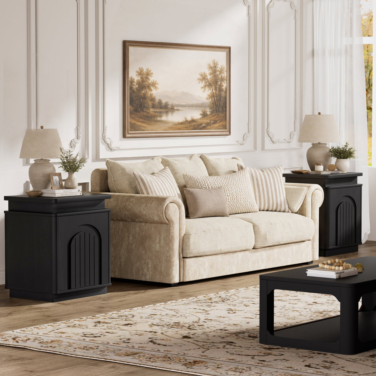 Two-piece nightstand set with arched recesses, storage cabinets with LED lighting, ample storage space, and magnetic push-to-open doors; suitable for bedrooms, living rooms, and offices; Black