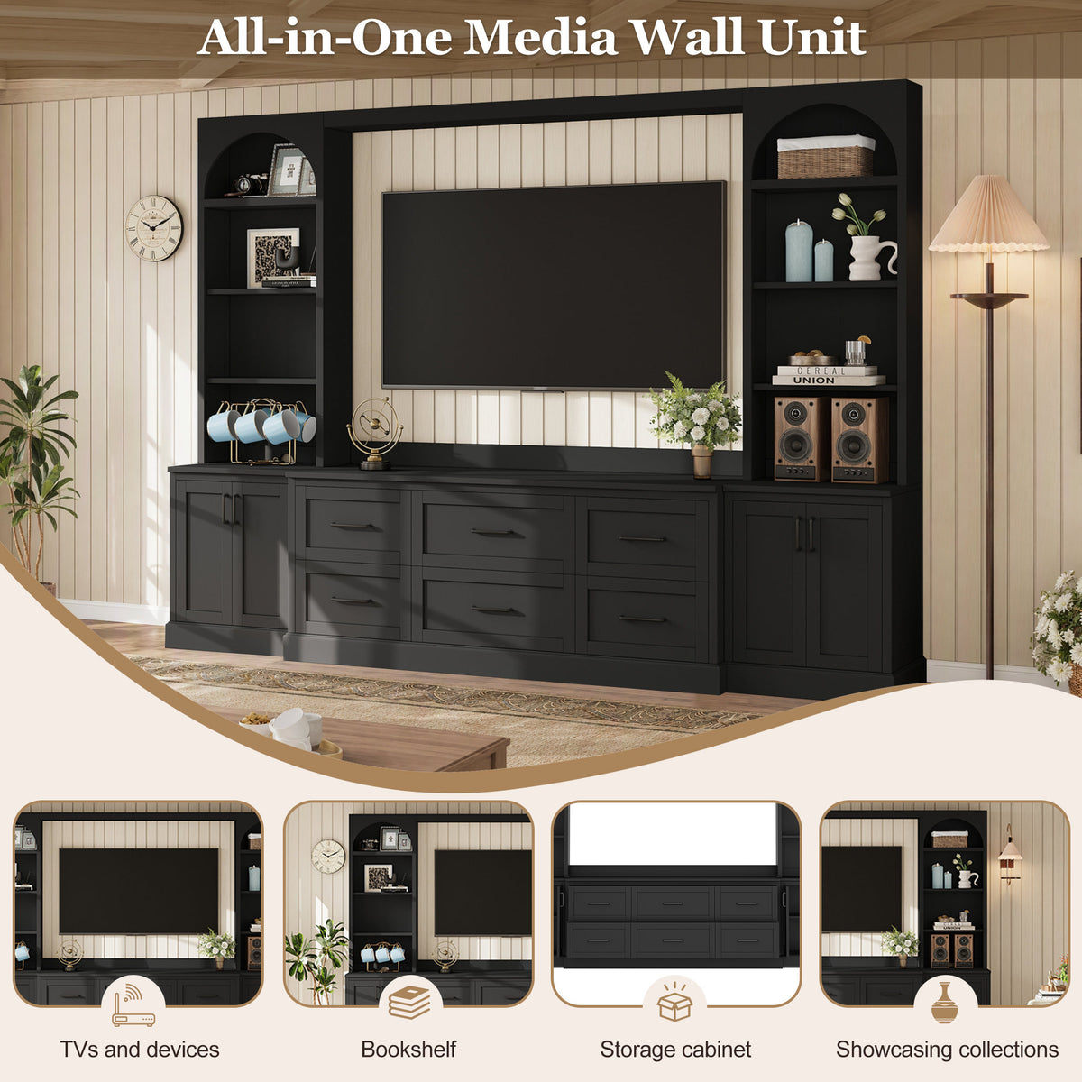 Modern Arched Entertainment Center Wall Unit with 6 Drawers, Farmhouse Large TV Stand with Bookshelves for TVs Up to 70', All-in-One Media Console with Adjustable Shelves for Living Room, Black