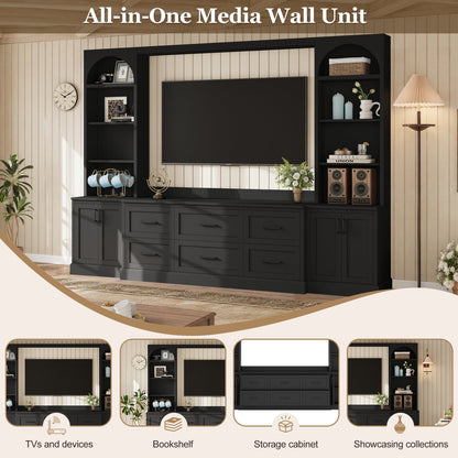 Modern Arched Entertainment Center Wall Unit with 6 Drawers, Farmhouse Large TV Stand with Bookshelves for TVs Up to 70', All-in-One Media Console with Adjustable Shelves for Living Room, Black