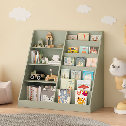 Kids Bookshelf and Toy Storage Organizer, Multifunctional 4 Tier Wooden Kids Book Shelf with  Bookcase Display Stand in Kids Room Playroom Nursery for Kids, Children, Toddlers (Sage)