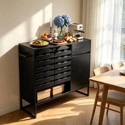 Buffet Cabinet with Storage: 44.49"Black Woven Door Accent Cabinets,with Arched Doors,with Multi layer Adjustable,with Metal Leg,woven door and drawer - for Kitchen Living Dining Room Entryway