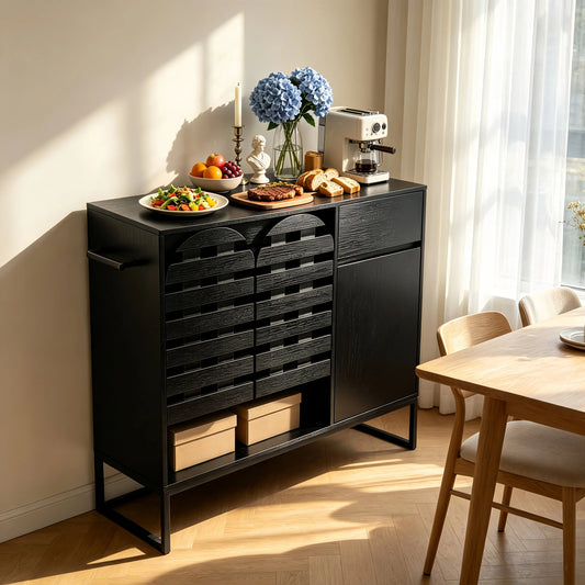 Buffet Cabinet with Storage: 44.49"Black Woven Door Accent Cabinets,with Arched Doors,with Multi layer Adjustable,with Metal Leg,woven door and drawer - for Kitchen Living Dining Room Entryway