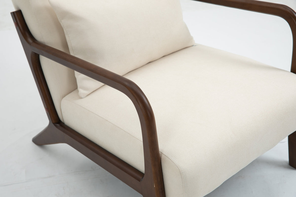 Mid Century Modern Accent Chair with Wood Frame, Upholstered Living Room Chairs with Waist Cushion, Reading Armchair for Bedroom Sunroom – Antique White