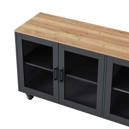 ON-TREND Farmhouse TV Stand with Tempered Glass Doors for TVs Up to 70", Versatile Sideboard with Adjustable Shelves
