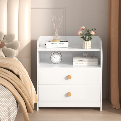 White Nightstand with 2 Drawers and Open Shelf, MDF Bedside Table with Curved Side Panels, Modern End Table for Bedroom, Kids Room, Nursery, Living Room, Storage Cabinet for Adults and Children