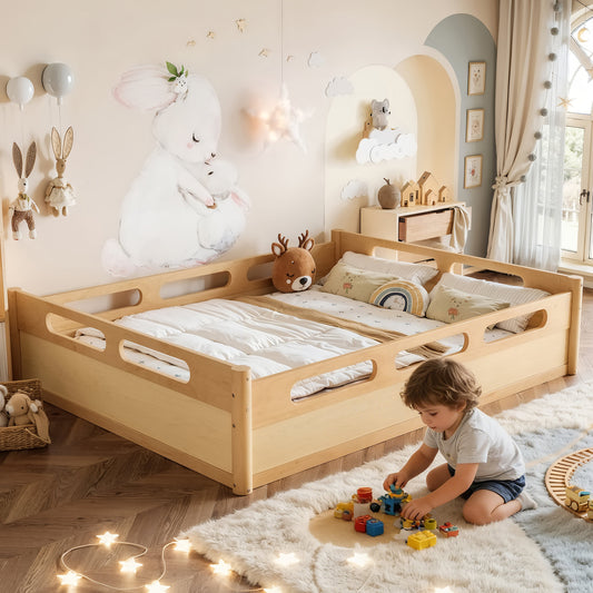 Queen Size Floor Platform Bed with Full-length Guardrails, Low Profile Queen Bed Frame, No Box Spring Needed, Natural