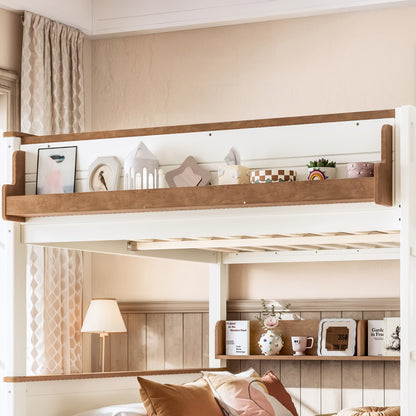 Queen over Queen Wood Bunk Bed with Pull-out Trundle Bed, Side Storage Shelf, Detachable Bunk Bed Frame, Convertible Into 2 Separate Beds for Kids Teens Adults, Beige&Natural