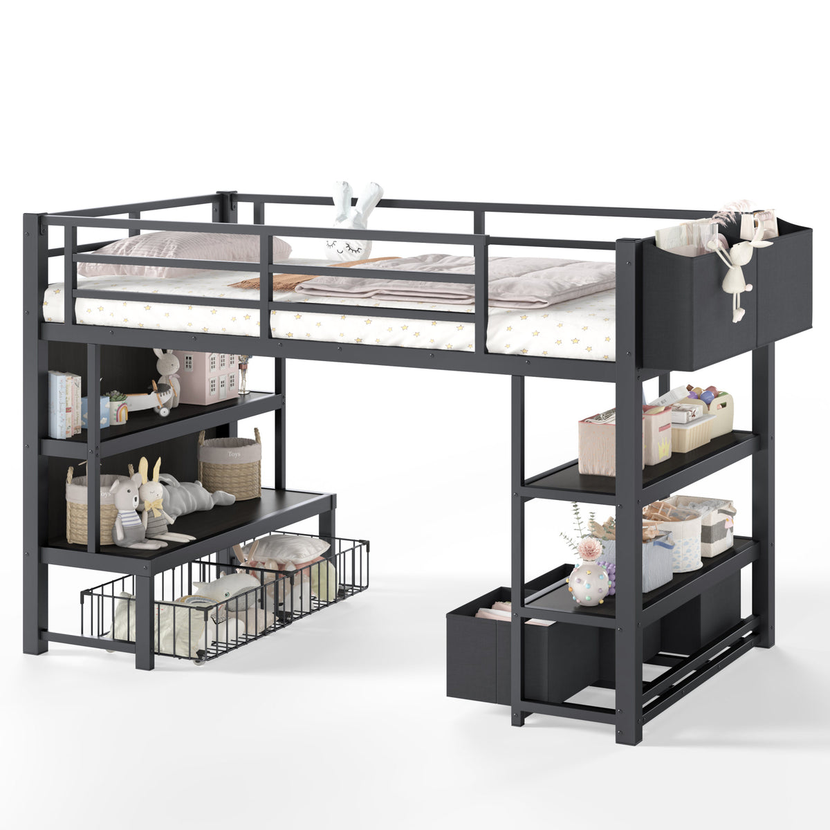 Twin Metal Low Loft Bed for Kids, Low Loft Bed with Storage Drawer, Low Loft Bed with Bookshelf & Storage Bag, Sturdy Low Loft bed Frame with Open Storage Space for Bedroom, Black