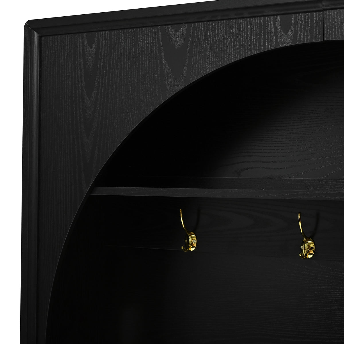 ON-TREND Farmhouse All-in-One Hall Tree with Adjustable Shelves, Retro Arched Entryway Storage Bench with 3 Cabinets – Black