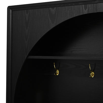 ON-TREND Farmhouse All-in-One Hall Tree with Adjustable Shelves, Retro Arched Entryway Storage Bench with 3 Cabinets – Black