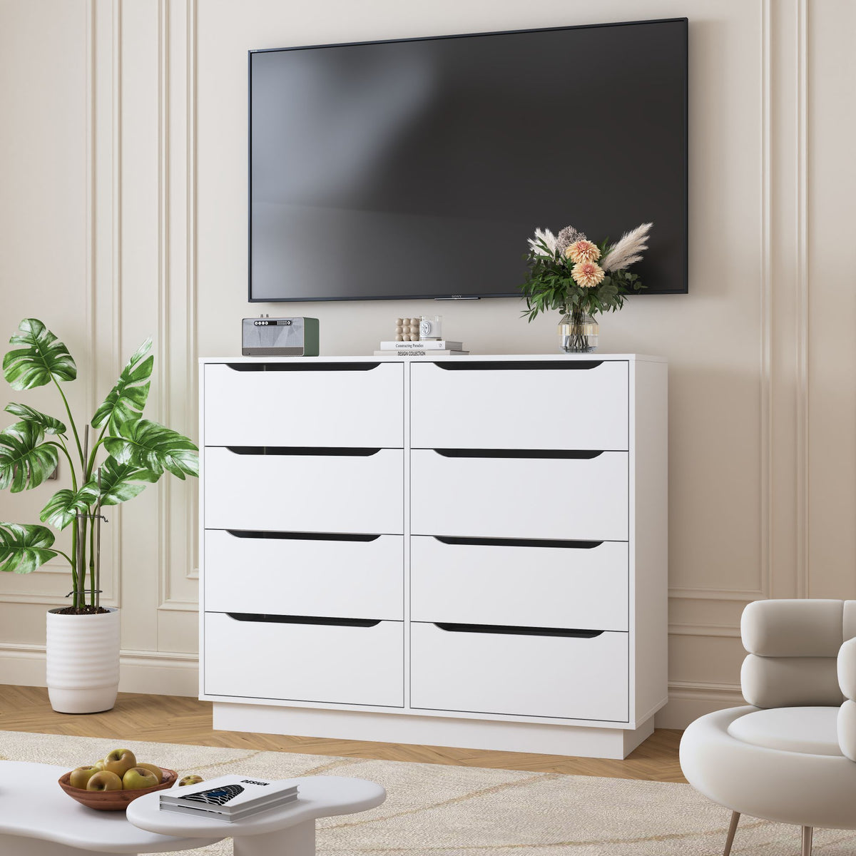 White Dresser, Long Dresser with 8 Drawers, 47.2''W Wooden Dressers Chest of 8 Drawers, Large Capacity Clothing Storage Cabinet