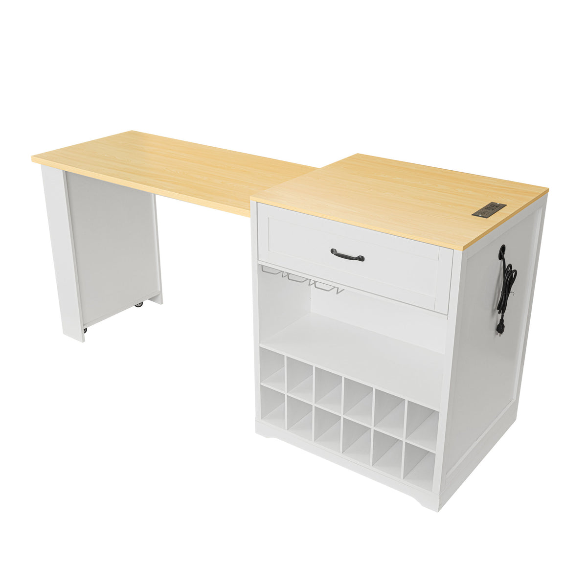 U_STYLE Extendable Counter Table with Wheels,Bar Table with Built-in Power Outlet,Farmhouse Wine Cabinet with Double-Sided Drawers,Suitable for Kitchen & Home Bar (Chairs Not Included)