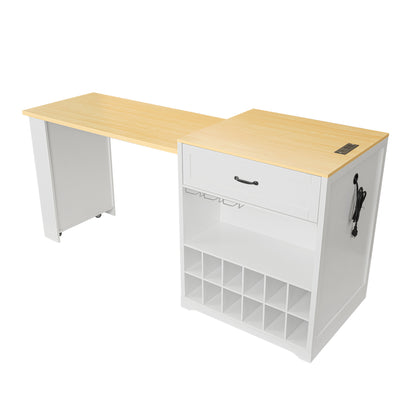 U_STYLE Extendable Counter Table with Wheels,Bar Table with Built-in Power Outlet,Farmhouse Wine Cabinet with Double-Sided Drawers,Suitable for Kitchen & Home Bar (Chairs Not Included)