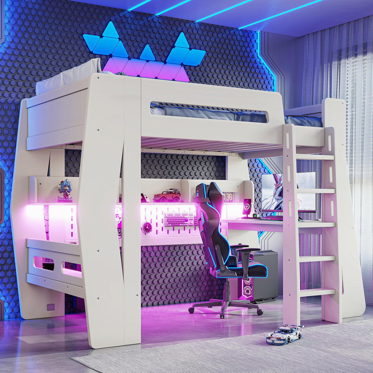 Twin/Full Size Gaming Loft Bed, All-in-One Gaming Bed with Desk, Gaming Bed with Storage, Gaming Loft Bed with Led Light, Esports Style Loft Bed Frame for Teens, Space Saving Loft bed.Beige