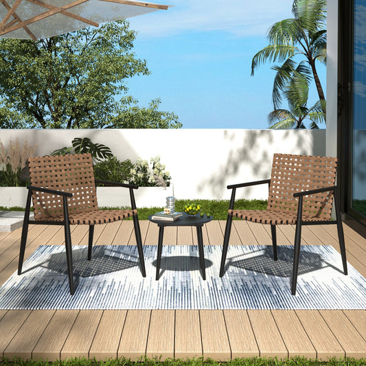 Modern Outdoor Chat Set: 2 PE Rattan Chairs + Black Steel & Tempered Glass Side Table – Durable & Stylish
