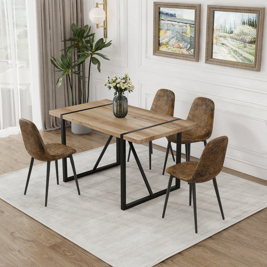 55' MDF Wood Colour Dining Table and Modern Dining Chair Set of 4, Mid Century Wooden Kitchen Table Set, Metal Base & Legs, Dining Room Table and Suede  Chairs