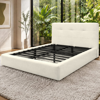 Full Size Compression Bed‑ White Upholstered Platform Bed Frame with Headboard, Vacuum‑Sealed Soft Sponge Bed with Metal Slats, No Box Spring Needed for Bedroom Apartment