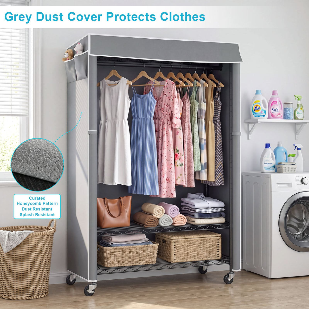 Clothes Rack with Cover, Rolling Clothes Rack, Heavy Duty Garment Rack with Shelves & Grey Cover, Clothes Rack with Side Pocket, Portable Closets for Hanging Clothes, 45''W×15.7''D×72.83''H, Black