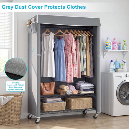Clothes Rack with Cover, Rolling Clothes Rack, Heavy Duty Garment Rack with Shelves & Grey Cover, Clothes Rack with Side Pocket, Portable Closets for Hanging Clothes, 45''W×15.7''D×72.83''H, Black