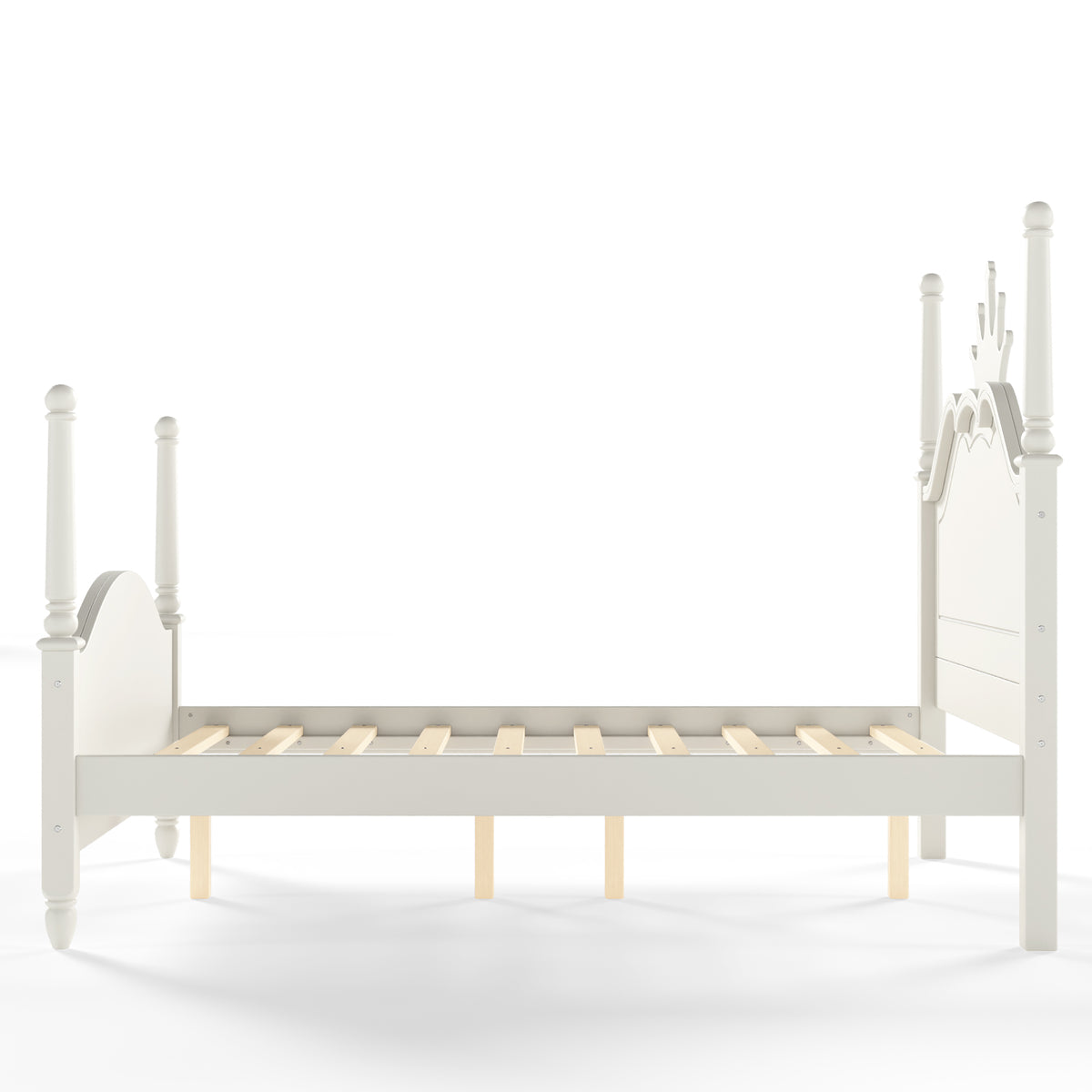 Full Size Crown Shaped Platform Bed, Four Poster Stylish Wooden Bed Frame, Elegant Curved Headboard Bed Frame For Bedroom,Beige