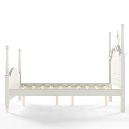 Full Size Crown Shaped Platform Bed, Four Poster Stylish Wooden Bed Frame, Elegant Curved Headboard Bed Frame For Bedroom,Beige