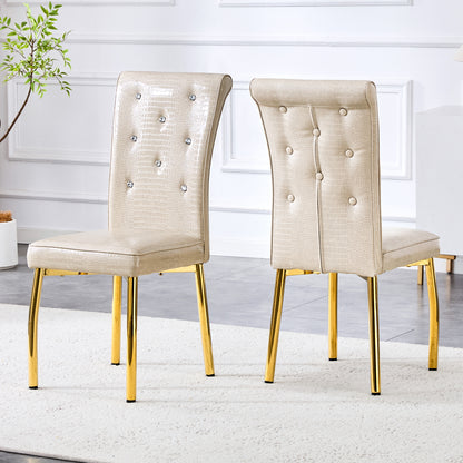 A set of 2 beige and gold vintage crocodile leather cushioned dining chairs, featuring crystal clasp design and artificial leather design, adding a touch of elegance and mystery to the dining area