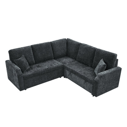 81.2'' Modular Sectional Sofa with Pull Out Bed, 5-Seater L Shaped Sectional Sleeper Couch with Hidden Storage, Chenille Convertible Couches for Living Room, Apartment (Black)