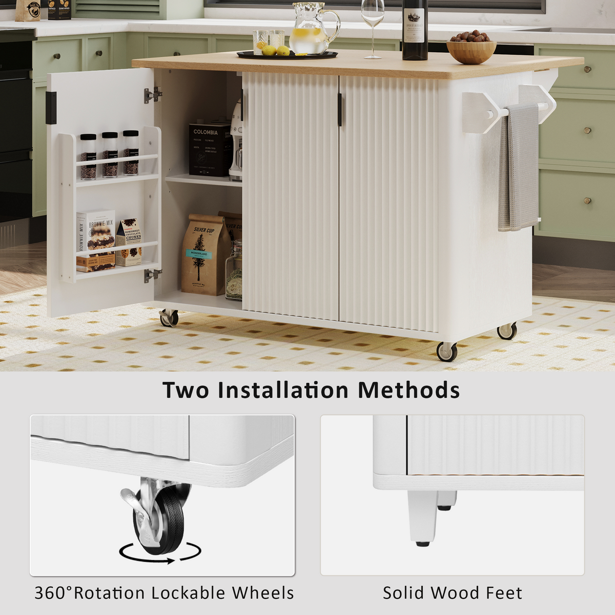 K&K 51" Fluted Kitchen Island with Drop Leaf, Farmhouse Accent Kitchen Island on Wheels with Internal Storage Rack