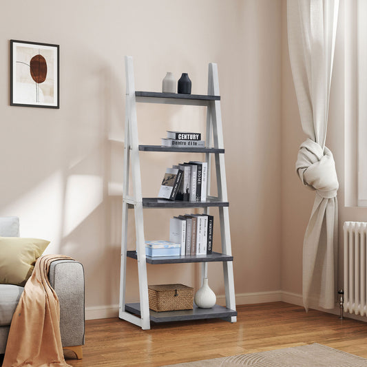 5-Tier Shelves, Bookshelf, Storage Rack, Bookcase with Rubber Wood Frame, Ladder Shelf